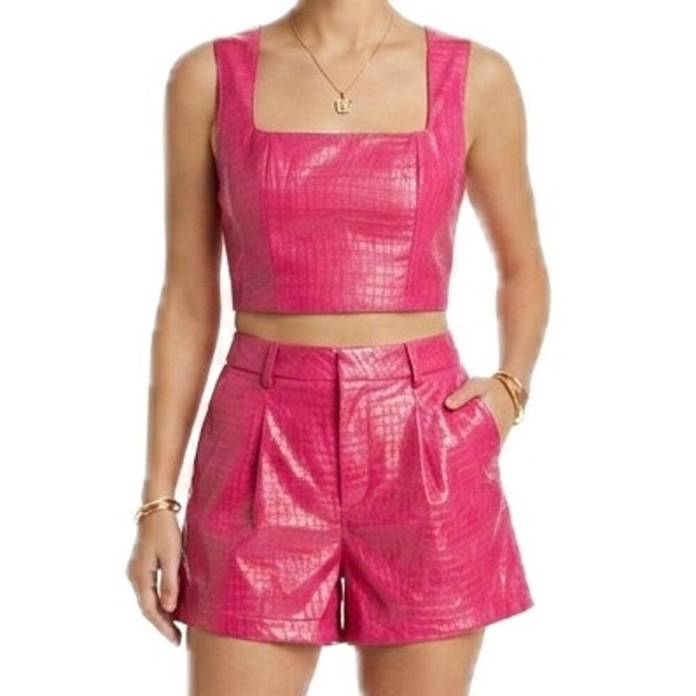 7 For All Mankind Hot Pink Vegan Leather Crocodile Crop Top Shorts Set M NEW Tag